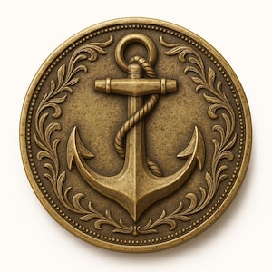 Könnte beinhalten: Ein runder, antiker Messingknopf mit einem detaillierten Ankerdesign. Der Anker ist mittig platziert, mit einem Seil um den Schaft gewickelt. Der Knopf ist von einem dekorativen floralen Muster und einem gepunkteten Rand umgeben, was eine nautische Vintage-Ästhetik erzeugt.