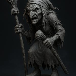 Può includere: Scultura dettagliata in scala di grigi di una strega con un'espressione minacciosa. Indossa un vestito strappato e un cappello a punta, con una scopa e un bastone. La scultura è posta su una base di pietra, con dettagli intricati.
