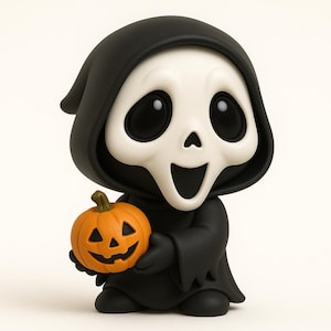 May include: A stylized Halloween figure in a black hooded robe, holding an orange jack-o'-lantern. The figure has a white skull-like face with large black eyes and a wide open mouth. The pumpkin is carved with a smiling face.