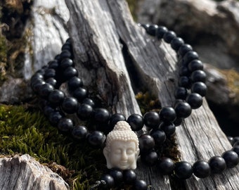 108 Beads Mala Natural Ebony Wood Black Rosary Buddhist Meditation Yoga Long Necklace Buddha Pendant