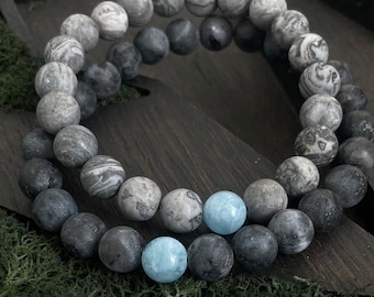Couple Bracelet: Labradorite, Aquamarine & Jasper Stone Beads