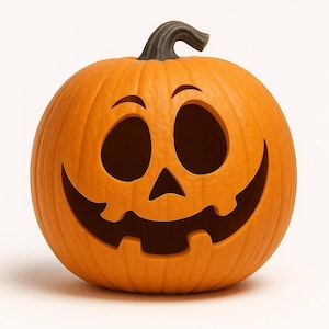 Könnte beinhalten: Ein geschnitzter orangefarbener Kürbis mit einem lächelnden Gesicht, ideal für Halloween. Der Kürbis hat große, ovale Augen, eine dreieckige Nase und einen breiten, gebogenen Mund. Der Stiel ist dunkelbraun und gebogen. Eine klassische Halloween-Dekoration.