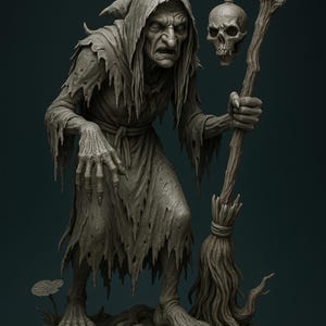 Può includere: Scultura dettagliata di una figura di strega, vestita con abiti laceri e un cappuccio a punta. Tiene in mano un bastone con un teschio appeso e una scopa. La figura è grigia, con dettagli intricati.