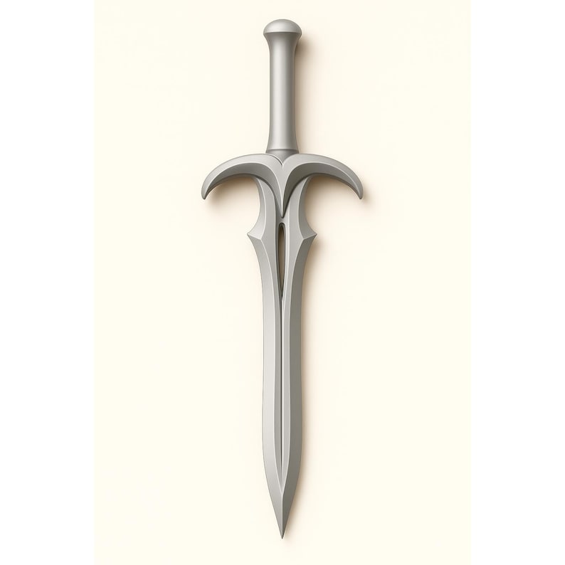 May include: A silver-colored sword with a stylized design. The sword features a rounded pommel, a curved crossguard, and a double-edged blade. The overall design is sleek and modern, with a focus on geometric shapes and clean lines.