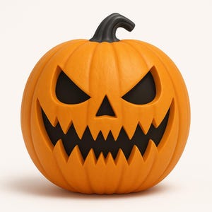 Op de afbeelding: Een uitgesneden oranje pompoen met een zwarte steel en een dreigend gezicht. De pompoen heeft driehoekige ogen, een driehoekige neus en een grillige, tandige grijns, perfect voor Halloween-decoraties.