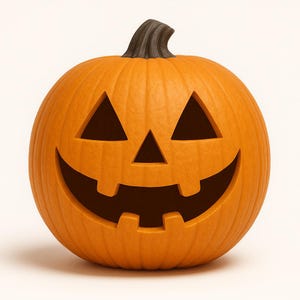 Puede incluir: Una calabaza naranja tallada con una cara sonriente, ojos triangulares y una nariz triangular. La calabaza tiene un tallo marrón oscuro y es una decoración clásica de Halloween.