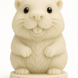 May include: A cream-colored figurine of a beaver with a smiling expression and black eyes. The beaver is standing on a round base with the words "BOBR KURWA" engraved on it. The figurine has detailed fur texture.