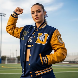 Op de afbeelding: Marineblau en goudkleurig varsityjack met een groot "U" logo en een mascotte. De jas heeft gouden mouwen en strepen op de kraag en manchetten. De outfit omvat een bijpassende crop top en rok. De foto is buiten genomen op een groen sportveld.