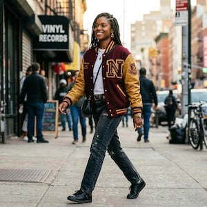 May include: A person walking along a city street wearing a maroon and gold letterman jacket with a large "N" on the chest. The jacket is paired with black jeans and black shoes. A "VINYL RECORDS" sign is visible.