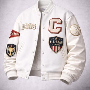 Puede incluir: Chaqueta universitaria color crema con mangas blancas, con parches con el año "1996", una gran "C", una pelota de baloncesto y "ALL-STAR LEAGUE". La chaqueta tiene cierre de botones y puños acanalados.