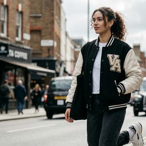 May include: A black varsity jacket with cream sleeves and the letters "VA" on the chest. The jacket has white stripes on the collar, cuffs, and hem. The person is wearing a white t-shirt and dark jeans.