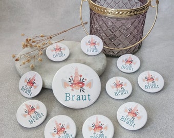 JGA Button handgemacht, Braut, Team Braut, Einhorn