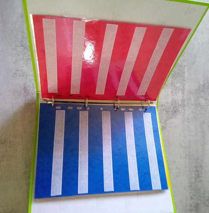 May include: An open binder with red and blue pages. The red page has white vertical stripes, and the blue page has white vertical stripes. The binder has a green border and metal rings.