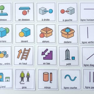 Peut inclure: Un ensemble de vingt cartes éducatives carrées présentant des illustrations colorées de concepts spatiaux et de lignes, chacune étiquetée avec du texte français incluant au dessus, en dessous, à droite, à gauche, ligne horizontale, derriere, devant, dehors, dedans, ligne verticale, au milieu, en haut, en bas, petit, ligne diagonale, grand, gros, mince, ligne courbe, et ligne parallèle.