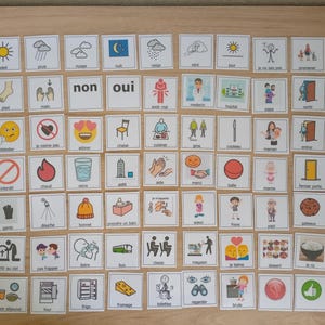 Può includere: Una collezione di carte di comunicazione quadrate con icone colorate ed etichette di testo in francese. La griglia mostra varie attività quotidiane, emozioni, oggetti e persone, inclusi simboli per il meteo, il cibo, i membri della famiglia e gli oggetti domestici.