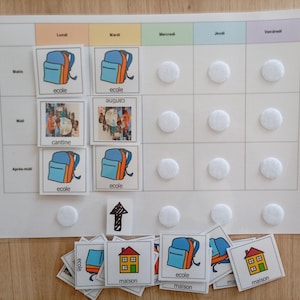 Peut inclure: Un emploi du temps visuel hebdomadaire avec des colonnes pour les jours et des lignes pour les moments de la journée. La grille comporte des pastilles velcro blanches et des cartes carrées illustrant des cartables, des cantines et des maisons.