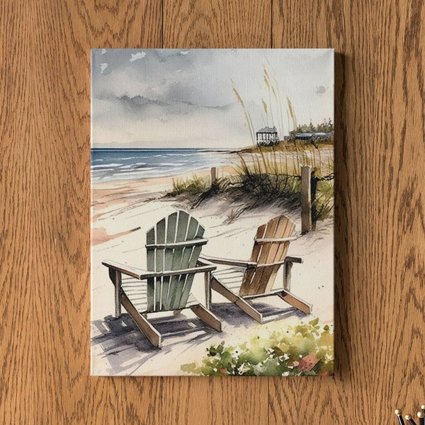 Watercolor Beach Coast with 2 Adirondack Chairs - Printable and Digital Download Coastal Wall Art Decor