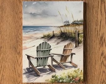 Watercolor Beach Coast with 2 Adirondack Chairs - Printable and Digital Download Coastal Wall Art Decor