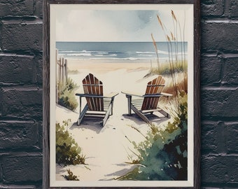 Coastal Watercolor Art, Adirondack Chairs Painting, Beach Home Decor, Serene Wall Art for Relaxation, Nautical Decor for a Calm Atmosphere