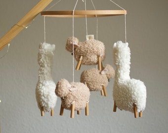 Neutral baby mobile with llama, sheep, beige crib mobile, white nursery decor, minimalist mobile, mom to be gift, beige baby shower decor