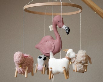 Animals baby mobile, mobile baby girl, nursery mobile with flamingo, sheep, rabbit, cow, goat, pink crib mobile, zoo cot mobile