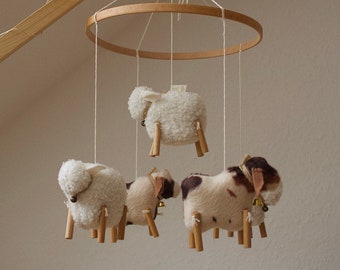 Farm mobile cow and sheep, neutral baby mobile, farm nursery decor, rustic baby shower decor, white and brown cow mobile, newborn gift