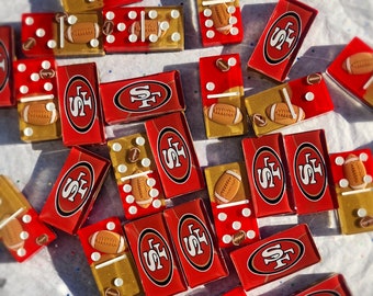 San Francisco 49ers Domino set. Premiun resin dominoes. Handmade gift. Gift for him. Football themed. Superbowl dominoes. Red and gold gift.