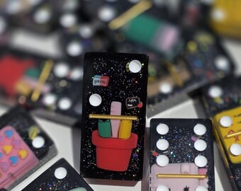 Juego de dominó de resina hecho a mano / Tema escolar, regalo para profesores, juego de doble seis