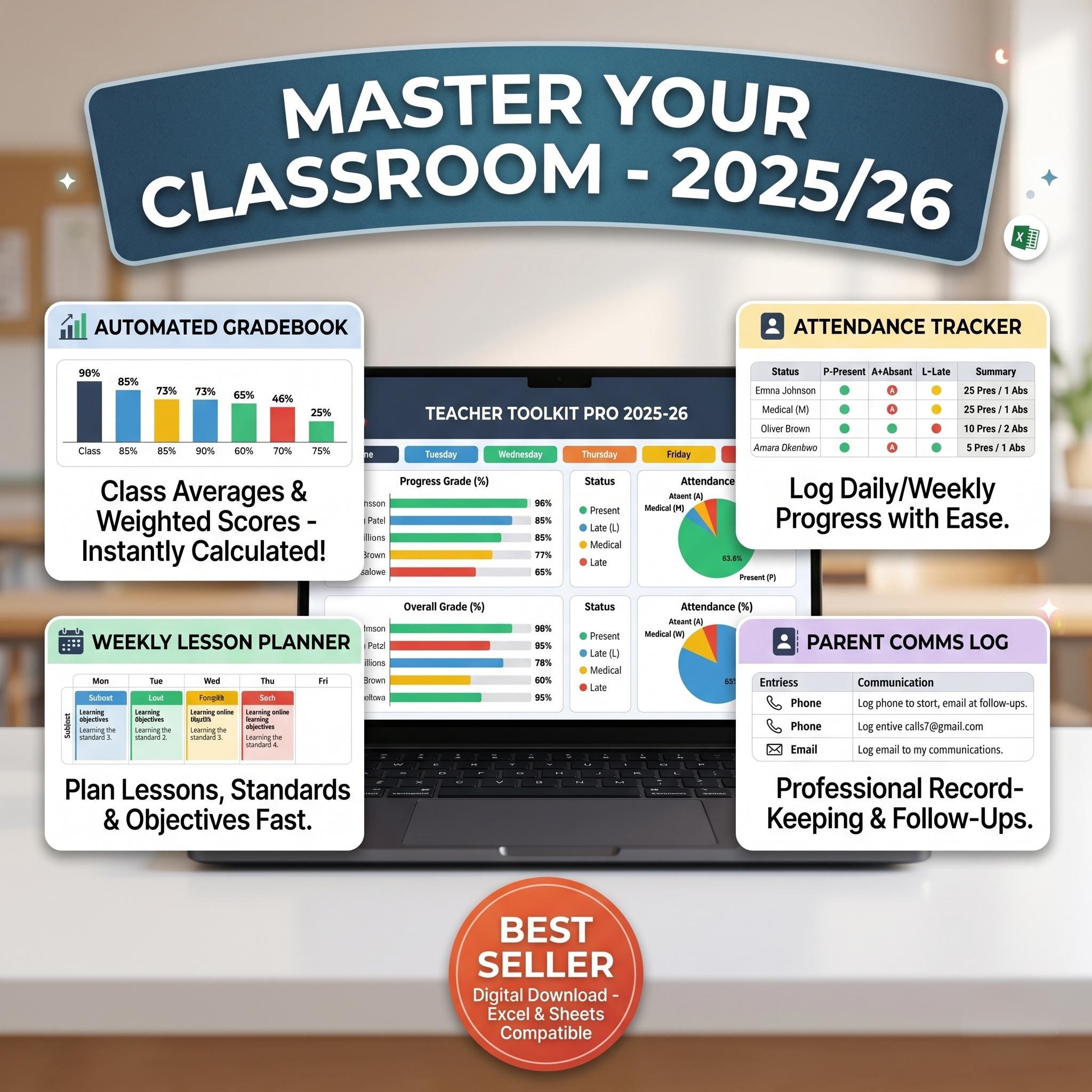 Teacher Toolkit Pro 2025-2026 Automated Gradebook, Lesson Planner & Attendance Tracker, Excel Classroom Management System