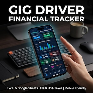 Peut inclure: Un smartphone affichant un tableau de bord Gig Driver Financial Tracker avec des graphiques, des revenus, des dépenses et des données fiscales. L'écran montre les revenus mensuels, les dépenses, un revenu total de 1 280 £ et 173 £ d'impôts.