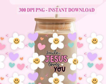 Leende Jesus älskar dig Kaffeglasburkförpackning: Blommig tro PNG (digital nedladdning)