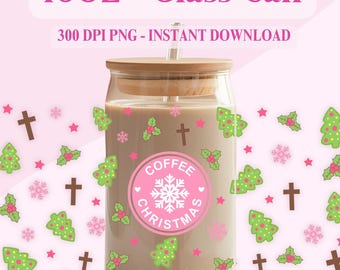 Kaffe och julgransburk med glasinslagning: Rosa jul PNG (digital nedladdning)