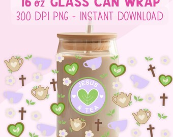 Jesus och te PNG: Kristen 16oz burkplast sublimering (digital nedladdning)