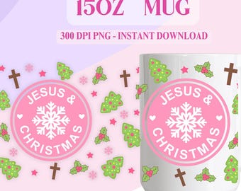 Jesus och julmuggomslag: Rosa kristen sublimeringsdesign (digital nedladdning i PNG)