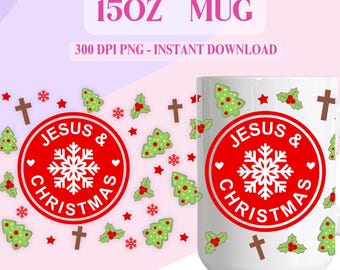 Jesus och julmuggomslag: Röd kristen sublimeringsdesign (digital nedladdning i PNG)
