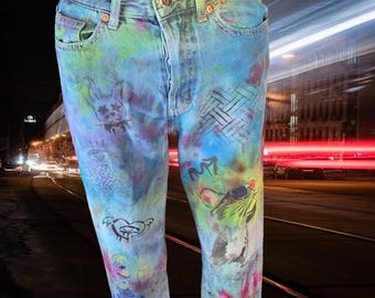 Jeansy vintage H&M barwione metodą tie-dye, malowane ręcznie | Rozmiar damski 4