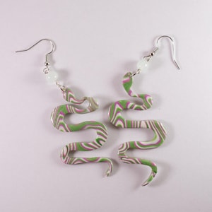 Handmade Polymer Clay Snake Earrings: Green Swirl Serpent Jewelry