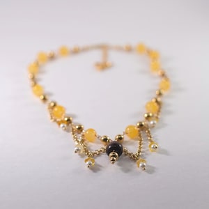 Sun Fairy Inspired Beaded Necklace | Fairycore Yellow Flower Necklace Bead & Gold Chain Dangles | Handmade