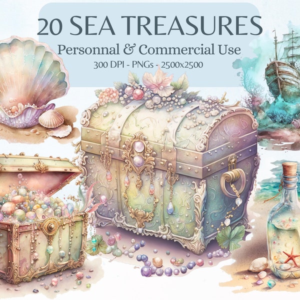 Watercolor Treasure Clipart Bundle | 20 Sea Tresures Clipart | Ocean Watercolor Png |Instant Digital Download |Scrapbook Kit | Card Making