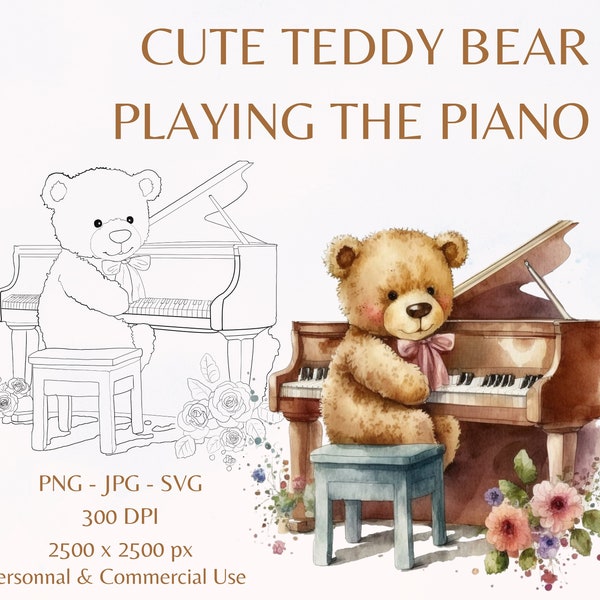 Cute Teddy Bear Playing The Piano Outline Clipart | Watercolor Teddy Bear Bundle |1 PNG-SVG-JPG|Nursery Clipart|Card Making | Commercial Use