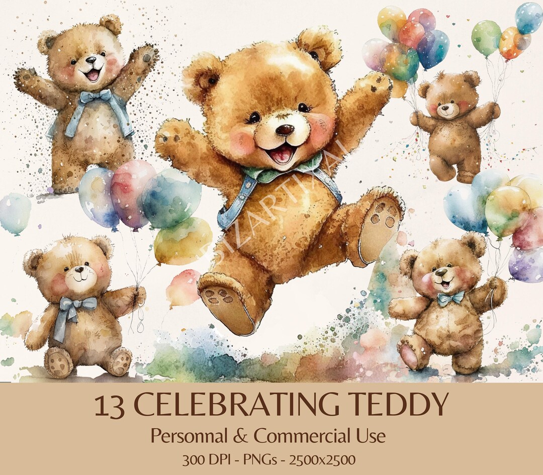 Cute Teddy Party Decoration Clipart watercolor Teddy Bear Bundle 13 ...