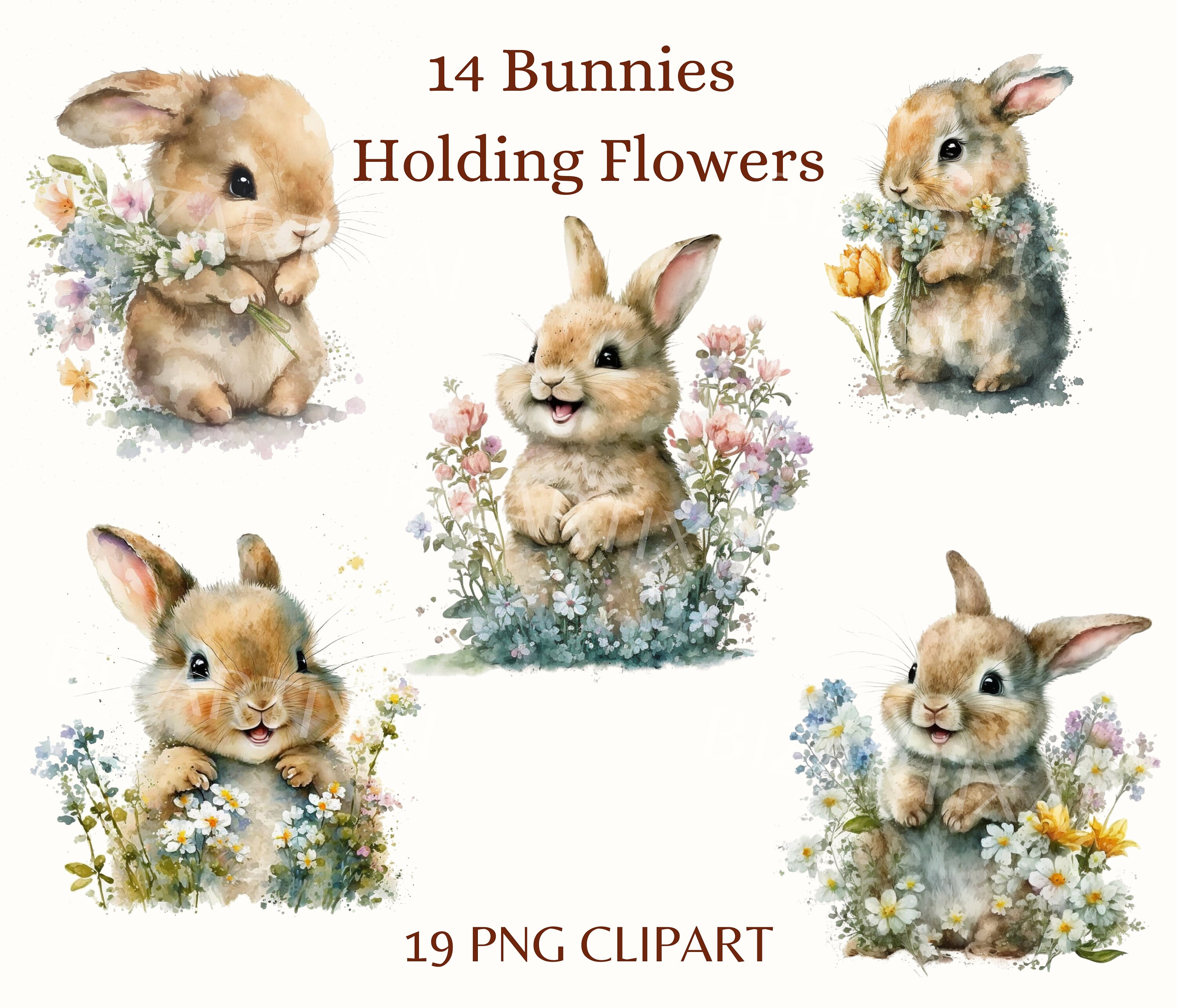 50 Bunnies Bundles Cute Bunny Clipart Bunny Holding Flowers - Etsy