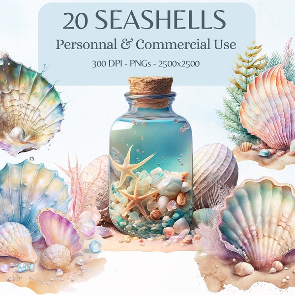 Watercolor Seashells Clipart Bundle | 20 Seashell PNGs| Ocean Watercolor Clipartbundle |Instant Digital Download|Scrapbook Kit | Card Making