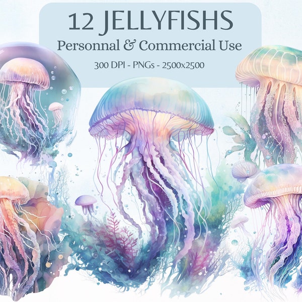 Watercolor Jellyfish Clipart Bundle | Sea Clipart | 12 High Quality PNGs Clipart | Nursery Clipart|Digital Download|Junk Journal|Card Making