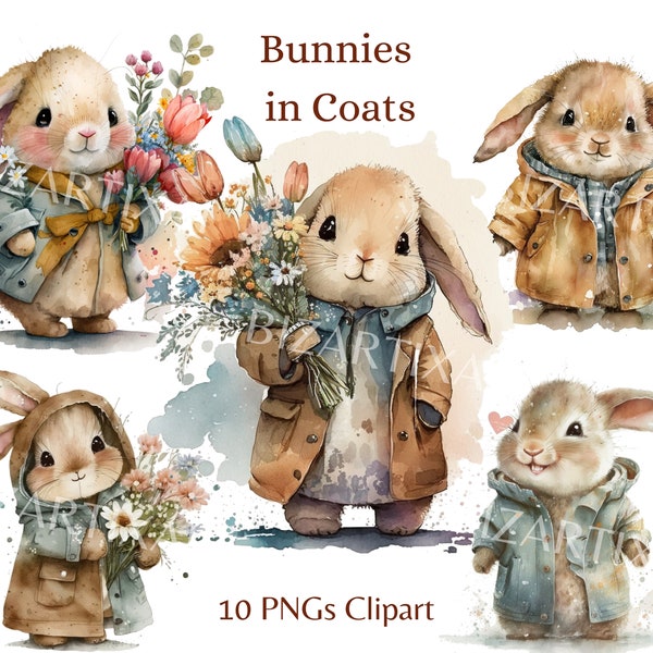 Hasen in einem Mantel mit Blumen Clipart-Happy Bunny-Kinder-Ostern Clipart- 10 hochwertige PNGs-Kinderzimmer-Digitaler Download-