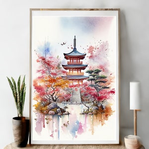 Art mural paysage japonais, aquarelle japonaise, peinture japonaise, art mural paysage, téléchargement immédiat, décoration murale, impression numérique