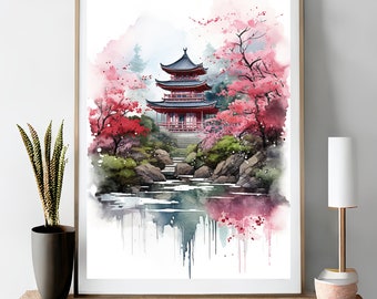 May include: Watercolor painting of a traditional Japanese pagoda surrounded by cherry blossom trees and a pond. The pagoda is red with a black roof and is set against a white background.