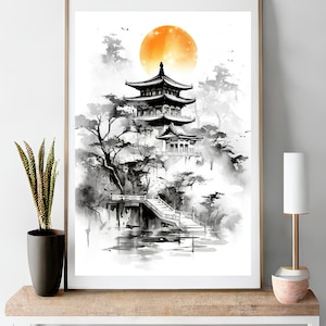 Japanische Pagode Landschaft Aquarell Kunstdruck (Digital Download)