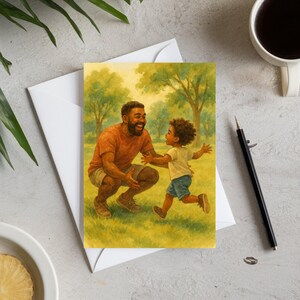 Biglietto d'auguri per la festa del papà "Run Into Love", motivazionale, divertente, spirituale, con opzioni di messaggio vuoto - Scaricabile stampabile per papà da parte del figlio