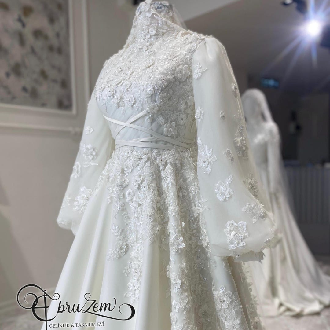 chinese dress ladies Muslim High Neck Beaded Lace Chiffon Sleeved Wedding Dress main image 1